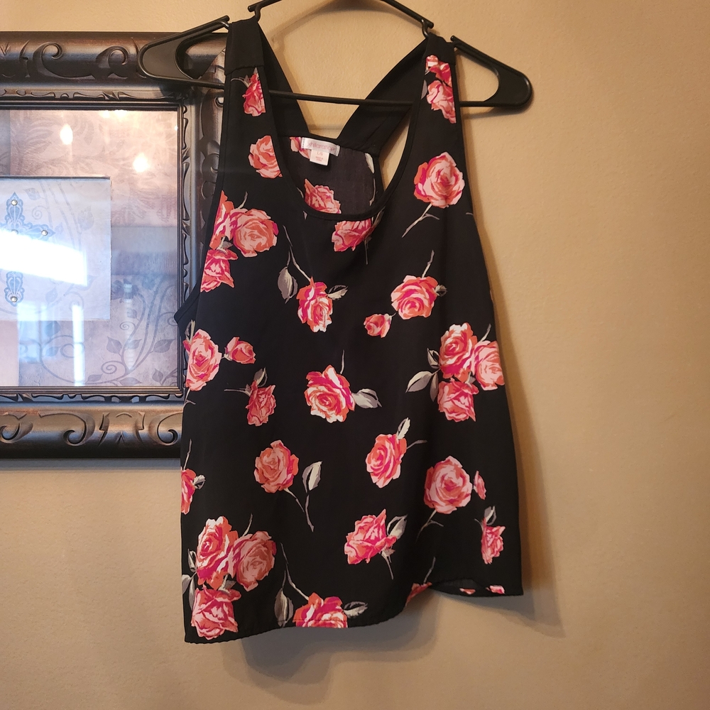 Xhilaration Black Top with Pink Floral Accents